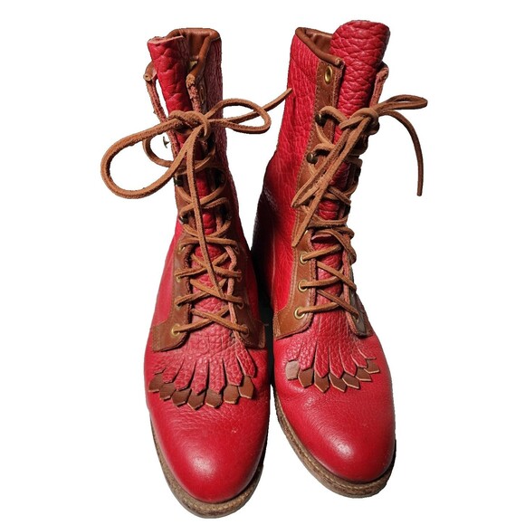 Justin Roper Kiltie Boots Red Vintage Size 7B Pebbled Leather - Picture 2 of 9
